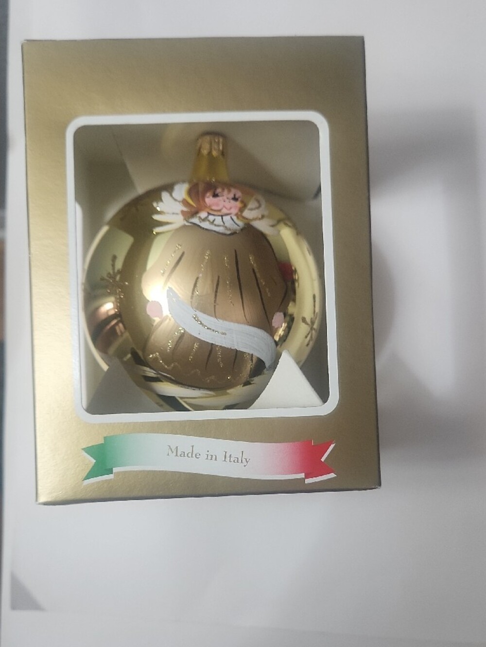 Italian Made Mouth Blown, Hand Painted Gold Angel Glass Ornament - NIB